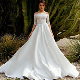 PERFECT Elegant Boat Neck A-Line Wedding Dresses Off The Shoulder Lace Appliques 1/2 Sleeves Bridal Gown Court Train Custom Made Champagne 14W